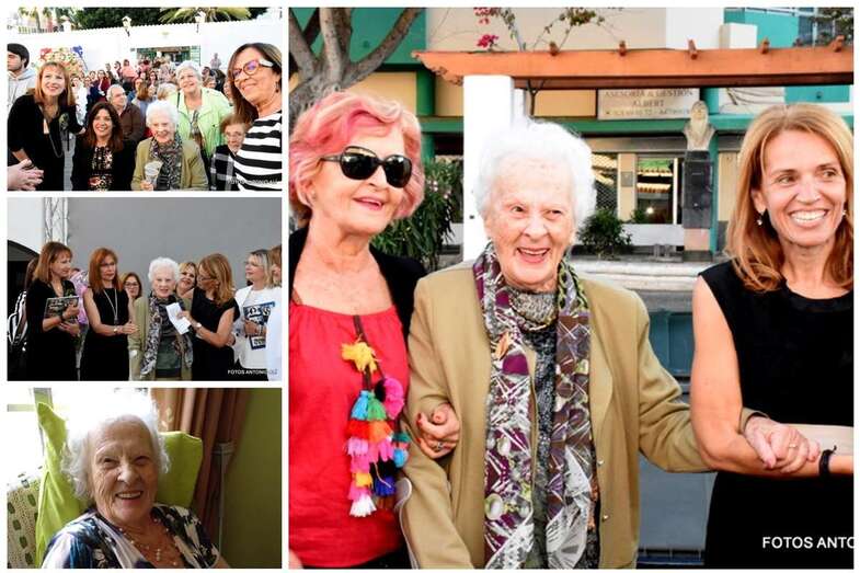 Esther Oliva, rodeada de antiguas alumnas del Colegio San Gregorio, en junio de 2018, e imagen reciente de la querida maestra (Foto Antonio Alí y TA))